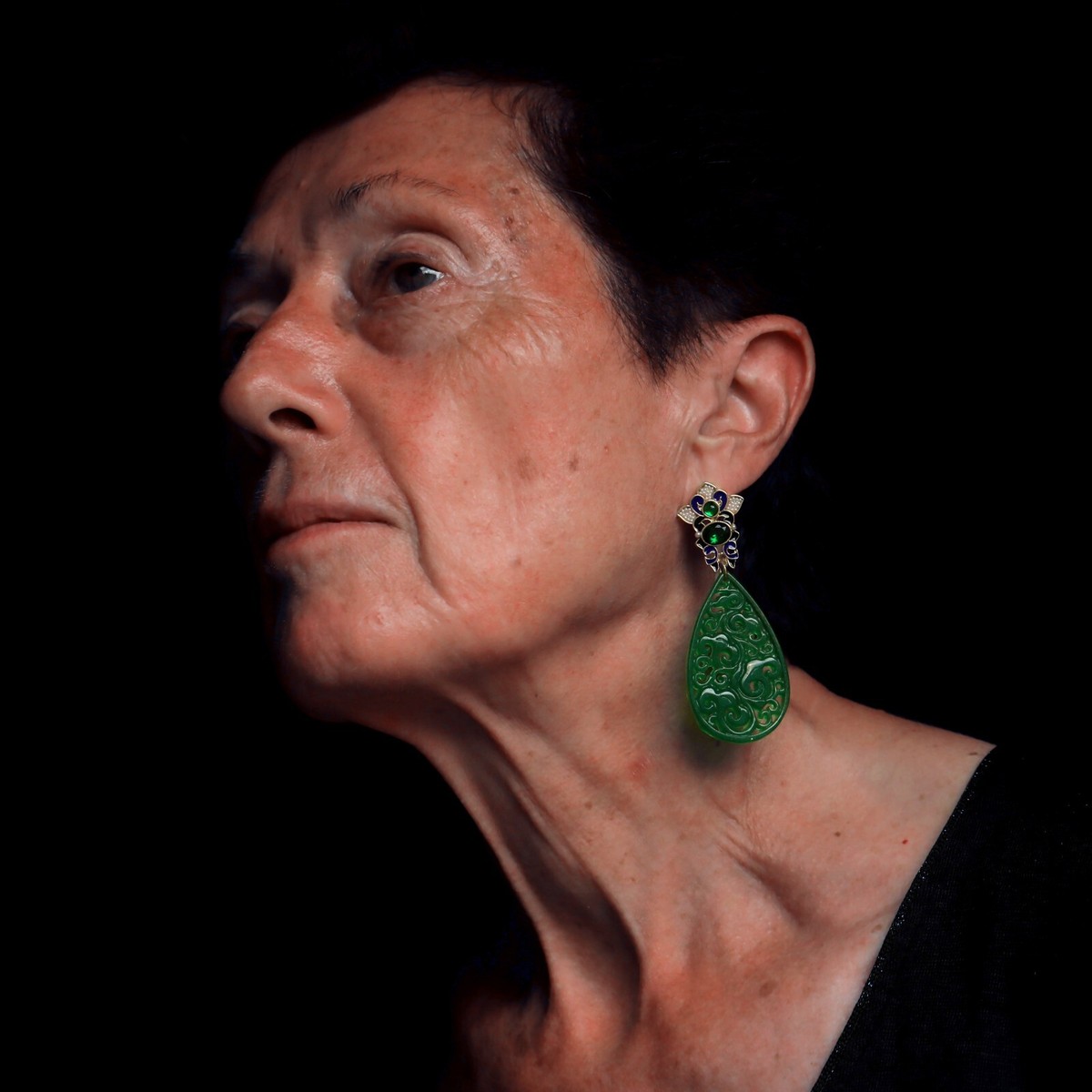 Boucles D'oreilles Clip Goutte Jade Vert - Style Belle Epoque, Floral Sculpté, Fabrication Neuve