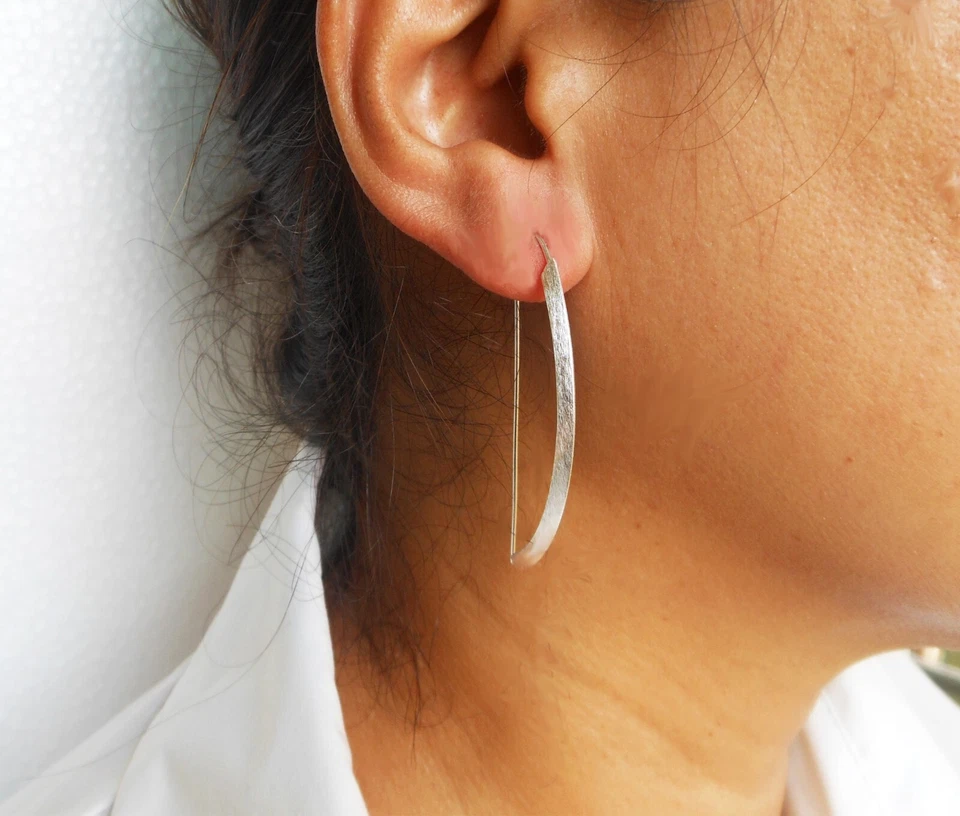 Matte Knight Edge D Arc Ear Threaders 925 Sterling Silver, Handmade Open D Hoops - Image 3 of 4
