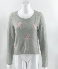 LC Lauren Conrad Womens Sweater Medium Gray Lilac Purple Floral Fuzzy Pullover