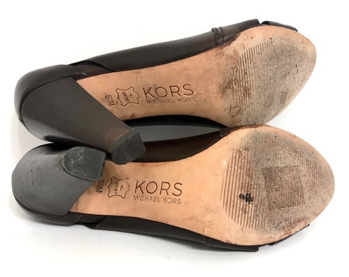 MICHAEL KORS Brown Leather Peep Toe Heels Pumps Shoes Cutouts Stitch Women's 5.5 - Picture 11 of 12