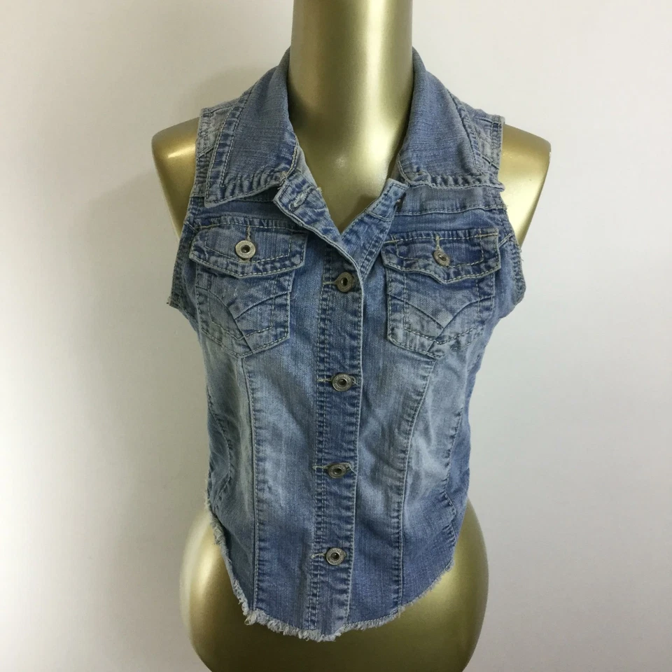 Chaleco vaquero MAURICES abotonado lavado medio azul alto-bajo para mujer talla pequeña Foto 2 de 4