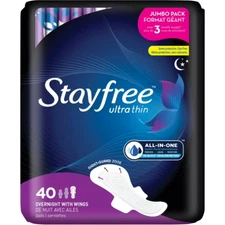 Stayfree Ultra Thin Overnight Pads With Wings, 40 Ct, Multi-Fluid Absorption, Pr