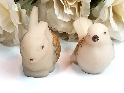 Fenton Frosted Glass Bird And Rabbit Hand Painted Floral Custard Figurines