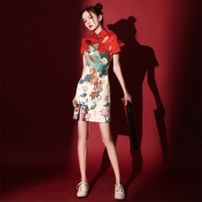 Chinese Ladies Cheongsam Dress Frog Button Mandarin Collar Floral Ethnic Retro