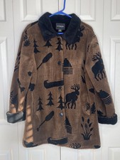 Women's Outbrook Fleece Coat Moose Canoe Camping Scenery Brown Black Sz Med