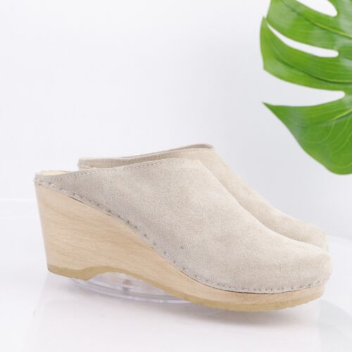Sven No.6 Women's New-School Clog Size 40 10 Wooden Wedge Mule Bone Tan Suede - Picture 1 of 16