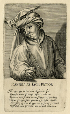 Seltener PP-Antiker Meisterdruck-PORTRAIT-JAN VAN EYCK-PROOF-Hondius-1610