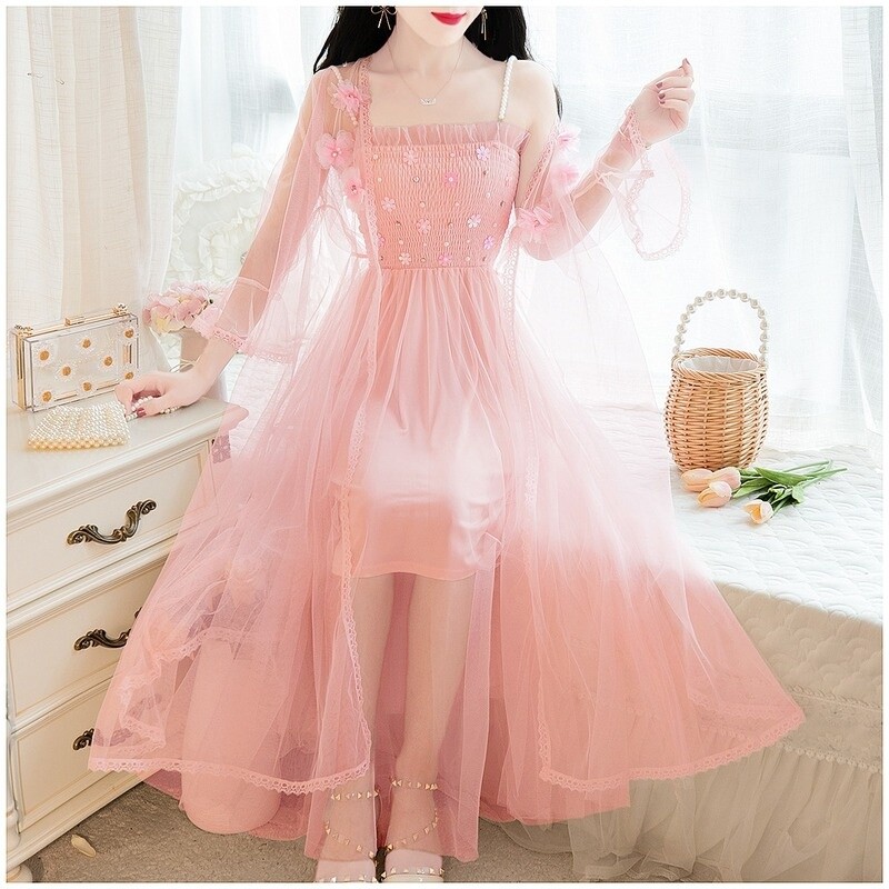 ★Cest Moidew★ Cest_Pink fairy layered mesh dress Mesh Dress Floral Beaded Ruffle with Cardigan Coat Set Sheer