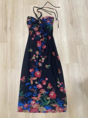 Vintage Y2K Janice black floral maxi dress with beaded halter straps. Size:  L #f | eBay