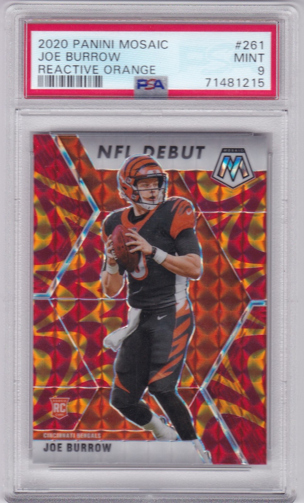2020 Mosaic Reactive Orange Football Card #261 Joe Burrow RC - PSA 9 view 1