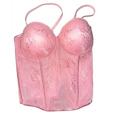 Soft Pink Floral Lace Corset Bustier Top Hook Eye Mesh Back