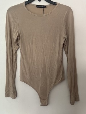 PrettyLittleThing Stone Long Sleeve Crew Neck Bodysuit Size 6