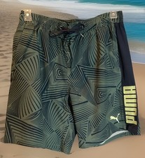 New Puma Large Sage Geo Lines Men's Mesh Lined Drawstring Swim Trunks W/Logo