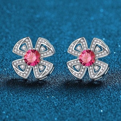 Certified 2ct Round Lab Grown Ruby Diamond Clover Stud Earrings 18K Gold Vermeil