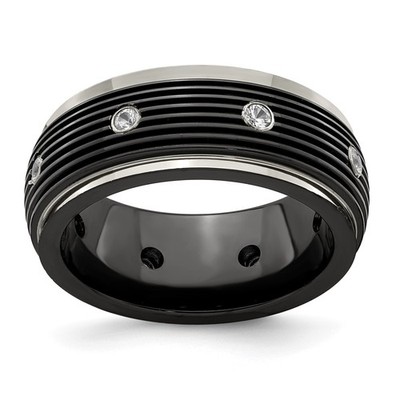 Titanium Black Ti With White Sapphires Grooved Band Ring
