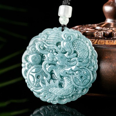 Natural Grade A Jade Jadeite Blue Water Women's Men Round Ziodiac Dragon Pendant
