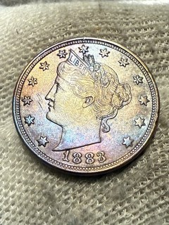 1883 Liberty Nickel V Nickel No Cents Near Gem BU W/ Die Cud Rare Coin Toned