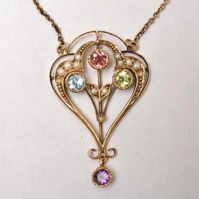 Antique Collier/Necklace, 375/9 Carat Gold, Flower Shape, Pearls & Color Stones - Image 1 of 4