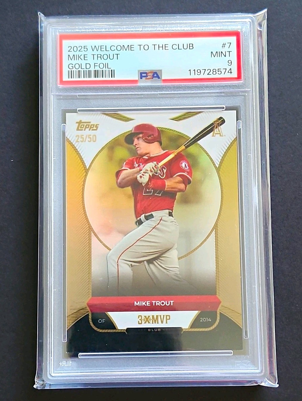 Topps 2025 Welcome to the Club Mike Trout #7 Gold Foil 25/50 PSA 9 