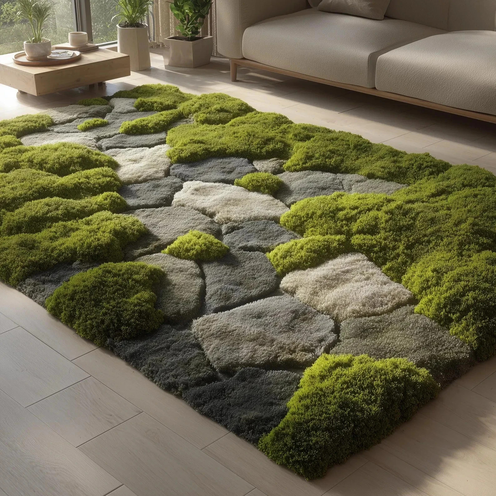 Hand Tufted Organic Moss Garden Textured Area Rug Plush Nature Living Room Rugs