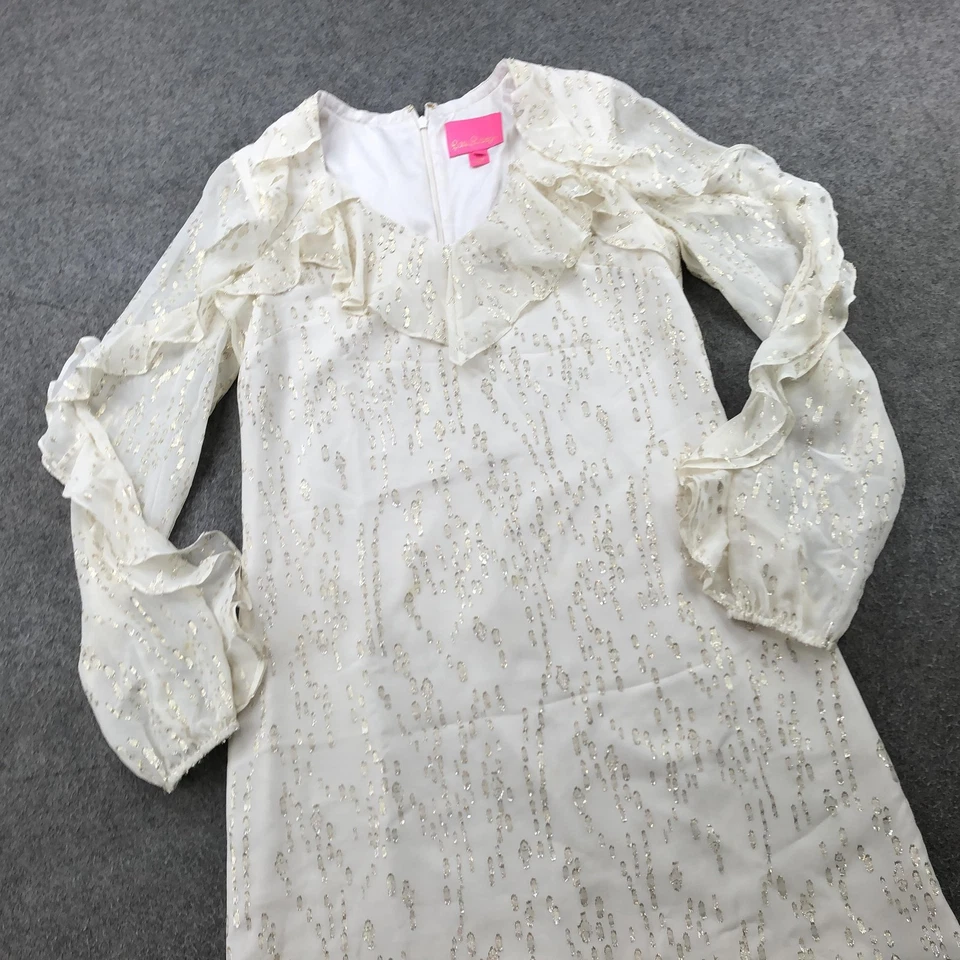 Vestido Lilly Pulitzer Mujer 2 Blanco Dorado Lentejuelas Volantes Manga Transparente Cambio Fiesta Foto 3 de 4