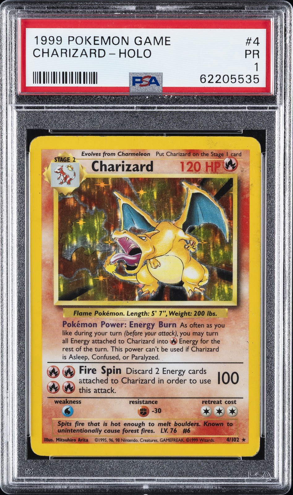 1999 POKEMON BASE SET UNLIMITED #4 CHARIZARD-HOLO PSA 1