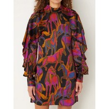 FARM Rio Wild Horses Mini Dress XXS Black Satin Open Back Ruffle Sleeve