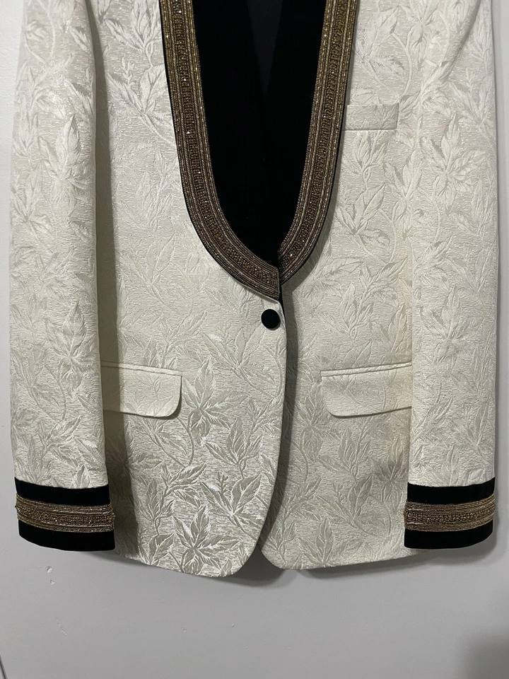 Chaqueta Blazer Hombre Bordada a Mano Slim Fit 42R Blanco/Negro Terciopelo/Dorado Foto 2 de 4