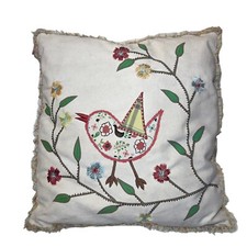 VTG Decorative Embroidered Throw Pillow Bird Robin Floral 18x18 India Zip Cover