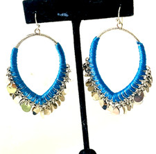 Womens Pierced Chandelier Earrings Silver Discs & Turquoise Dangle Hook Boho