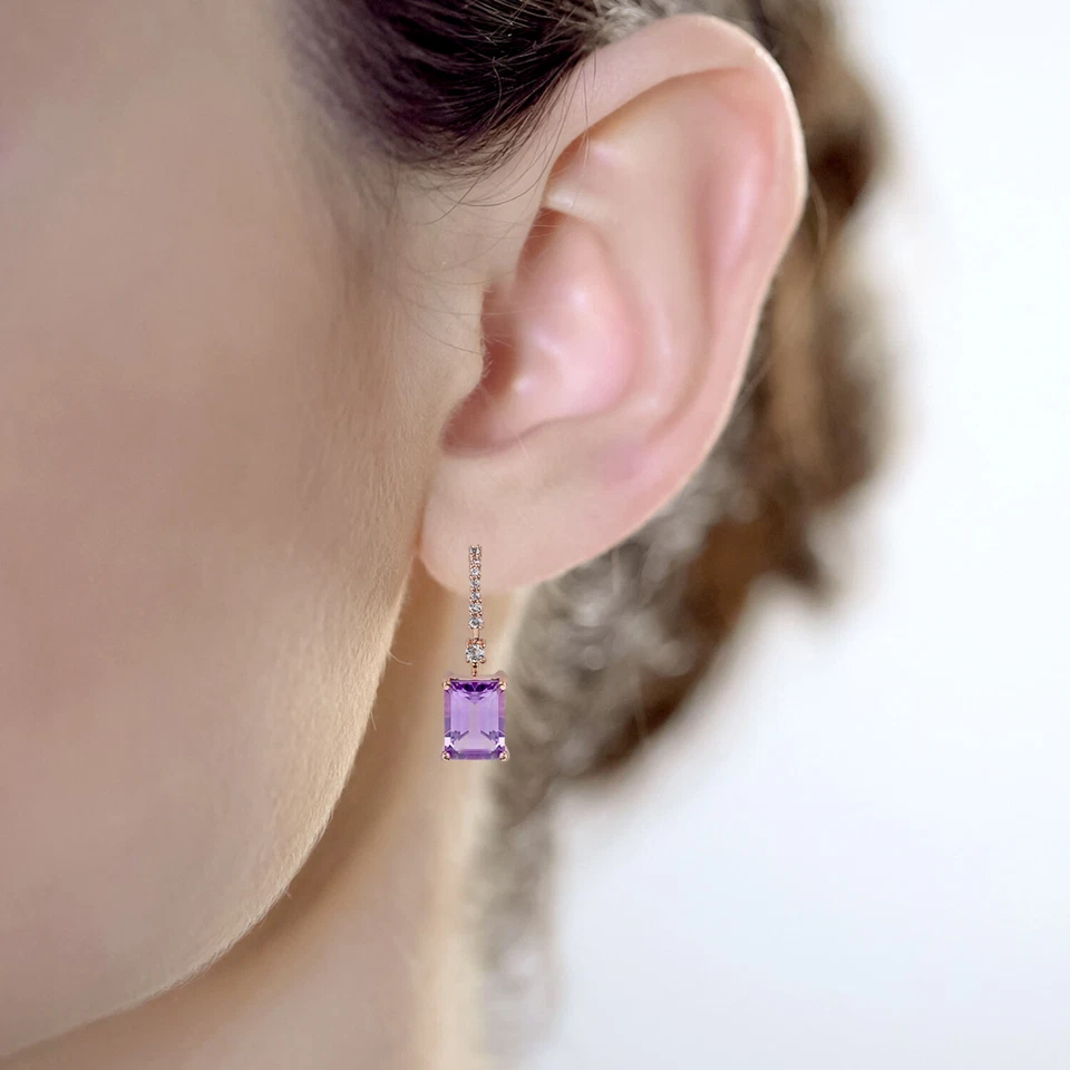10k Rose Gold Emerald-Cut Amethyst and White Topaz Dangle Earrings - Image 4 of 4