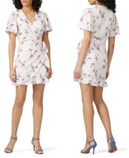 Stylestalker Floral Print Crepe Ruffle Hem Penny Mini Wrap Dress Ivory Womens M