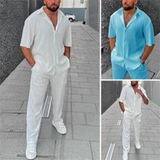 Mens Summer Outfit 2-Piece Set Short Sleeve Button Shirts and Pants Sweatsuit