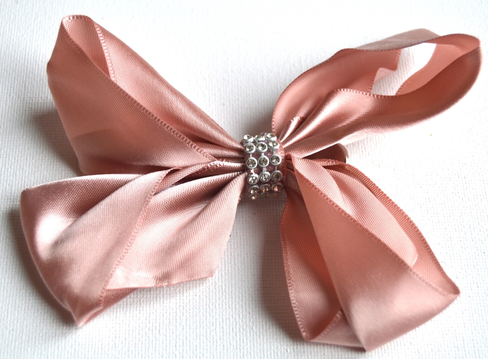 NEW 12cm Pink Beige Diamanté Middle Satin Fabric Bow Forked Hair Clip Fashion