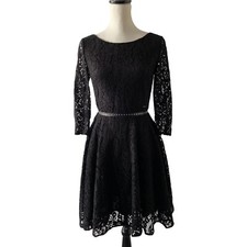 Guess Lace Dress Womens XS Black Fit Flare 3/4 Sleeve Beaded BNWT Party