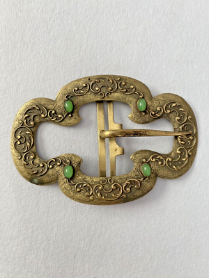 Vtg Antique Large Brass Jade Green Stones Ornate Scroll  display picture 1