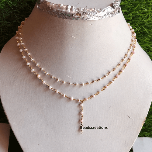 Natural Pink Opal and White Pearl Rosary Necklace Beaded Jewelry Gifted - Picture 1 of 4