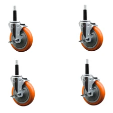 5 Inch SS Orange Poly Swivel 3/4 Inch Expanding Stem Caster Set with Brake SCC