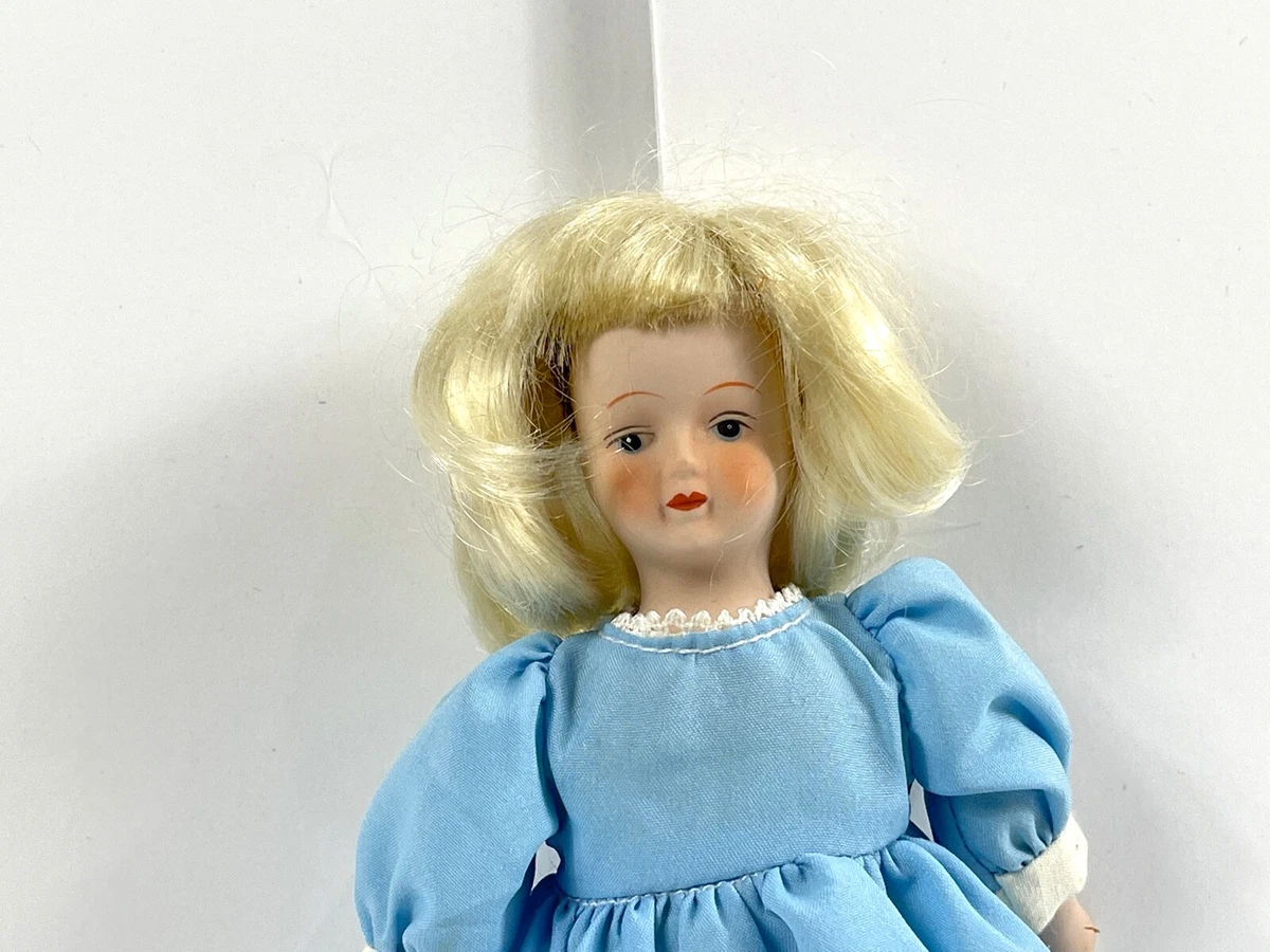 Vintage Porcelain Doll Blond Girl Wearing Light Blue Dress 8