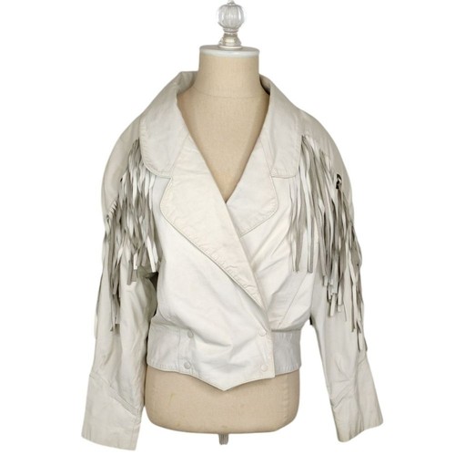 Cappotto vintage bianco pelle frange GIII pelle conchiglie taglia Med giacca pelle
