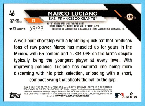 Marco Luciano 2024 Topps Flagship Collection Green Foil Rookie RC 69/99 Giants - Picture 2 of 2