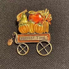 Harvest Time Wagon Brooch Pin Dangling Acorn ,Fall, Thanksgiving, Kenneth Cole