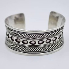 Vintage Handmade Etched Tribal Statement Cuff Bracelet in Sterling Silver