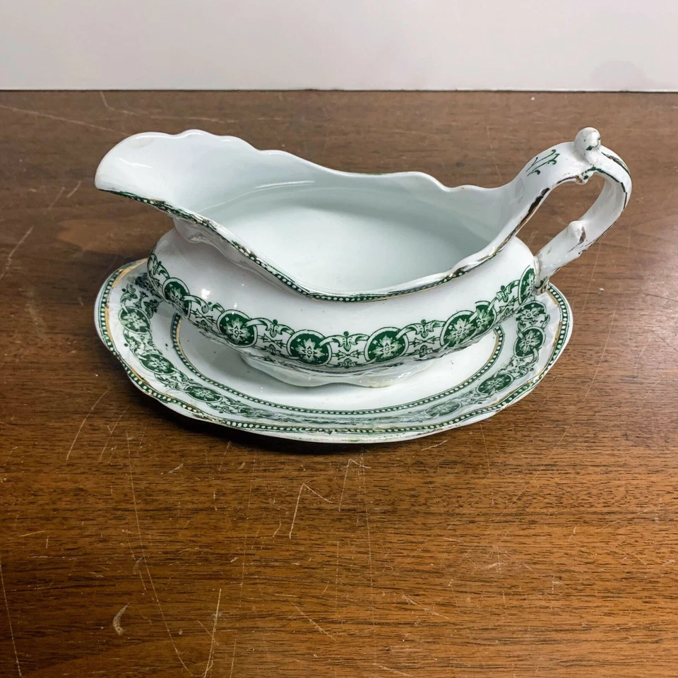 Antiguo barco de salsa verde Bishop and Stonier Roden y artículos de transferencia de placa inferior Foto 2 de 4