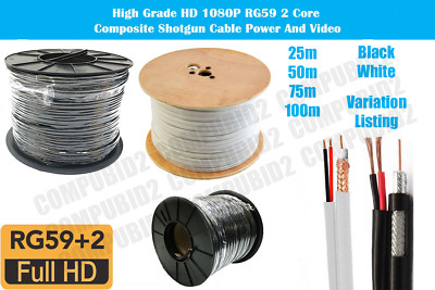 RG59 +2 Schrotflinte 2 Kern CCTV Video Netzkabel Rolle schwarz weiß DVR Video Koax UK