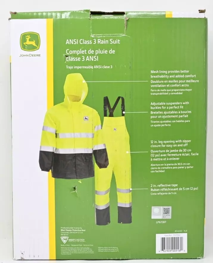 John Deere ANSI Class 3 Rain Suit Yellow Reflective Mesh Lined Size XL |  eBay