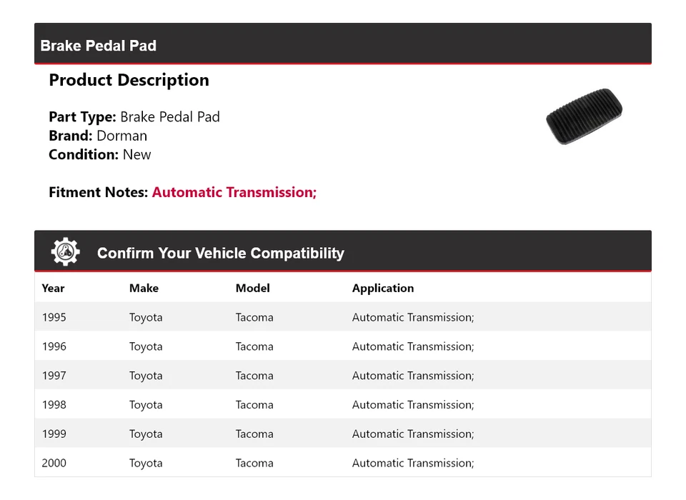 Pastilla de pedal de freno para Toyota Tacoma Dorman 1995-2000 1996 1997 1998 1999 Foto 2 de 4