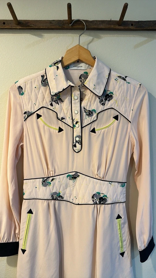 Coach 1941 Western Print Silk Dress Long Sleeves Size 2 Pockets Neon Accents - Image 2 of 4