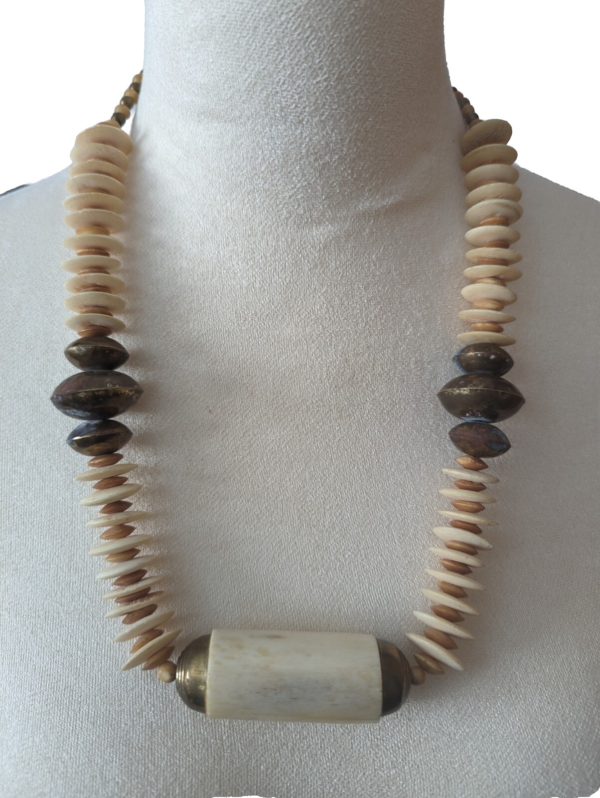 Boho Necklace with Large Bone Center Barrel Bead and Brass Wooden Accents-image