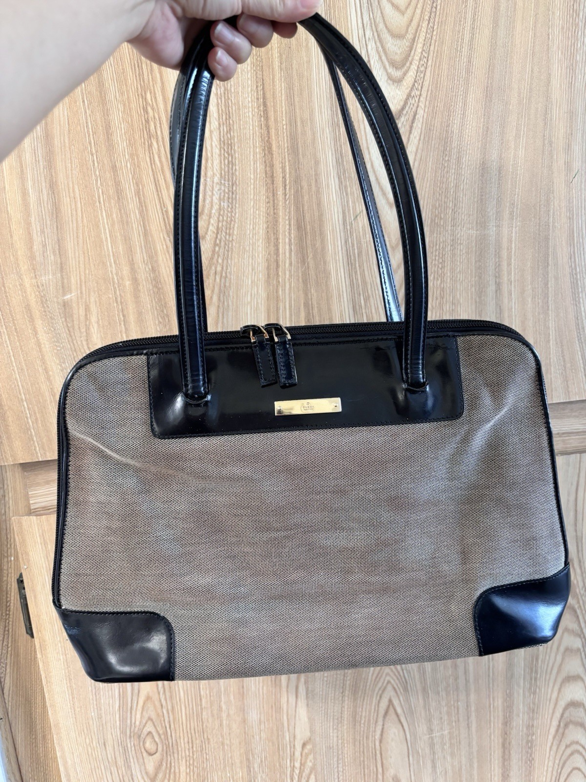 GUCCI Gray Black Silver Canvas Leather Tote Bag Authentic